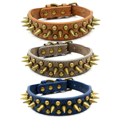 Retro Spiked Leather Dog Collar – Studded Rivet Collar for Large Breeds (S–XL)