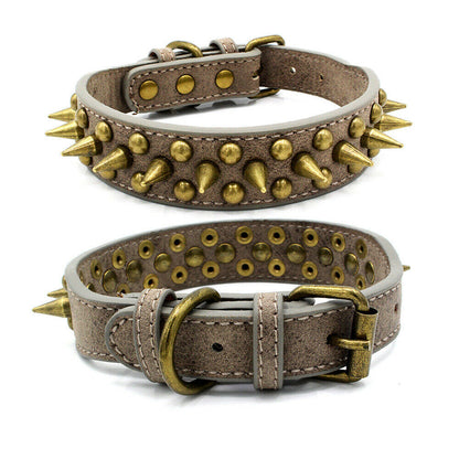 Retro Spiked Leather Dog Collar – Studded Rivet Collar for Large Breeds (S–XL)