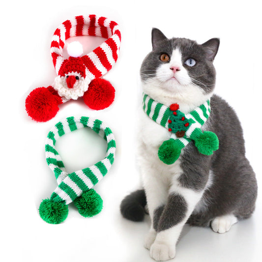 Pet Christmas Scarf – Knitted Wool Striped Holiday Scarf for Dogs & Cats