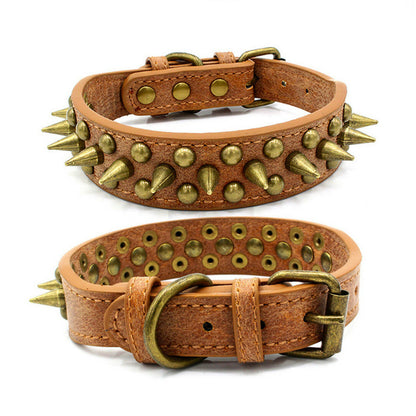 Retro Spiked Leather Dog Collar – Studded Rivet Collar for Large Breeds (S–XL)