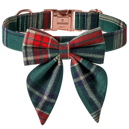 Christmas Dog Collar – Plaid Cotton with Rose Gold Buckle & Bow