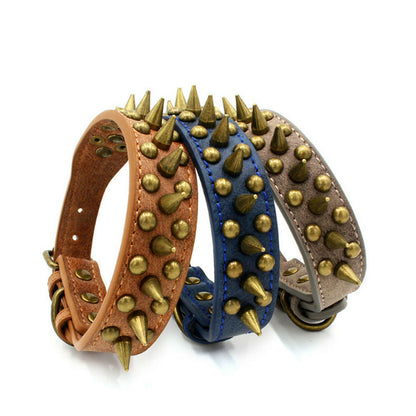 Retro Spiked Leather Dog Collar – Studded Rivet Collar for Large Breeds (S–XL)